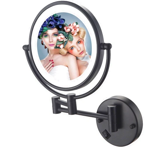 YSUEFIJO Wall Mounted Makeup Mirror Hardwired 7X, Cosmetic Mirror with Light and Magnification, 8 Inch LED Bathroom Vanity Double Sided Mirror 360° Swivel with Retractable and Folding Arm Black