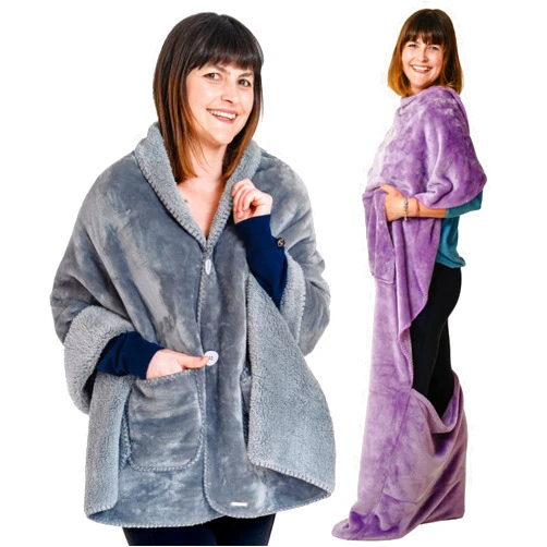 EzrAllora Comfort Bundle: Double Layer Sherpa Poncho Blanket with Pockets & Lightweight Foot Pocket Throw - Ideal Gifts for Mom and Grandma - Work from Home Essential