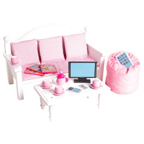Playtime by Eimmie 18 Inch Doll Furniture Couch & Coffee Table Set – White, Wooden Playset with Living Room Accessories, Fits American, Generation, My Life & Similar 14”-18” Dolls