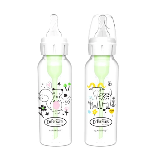 Dr. Brown's Natural Flow Anti-Colic Options+ Narrow Baby Bottle, Squirrel & Goat, 8 oz/250 mL, with Level 1 Slow Flow Nipple, BPA Free, 0m+, 2-Pack