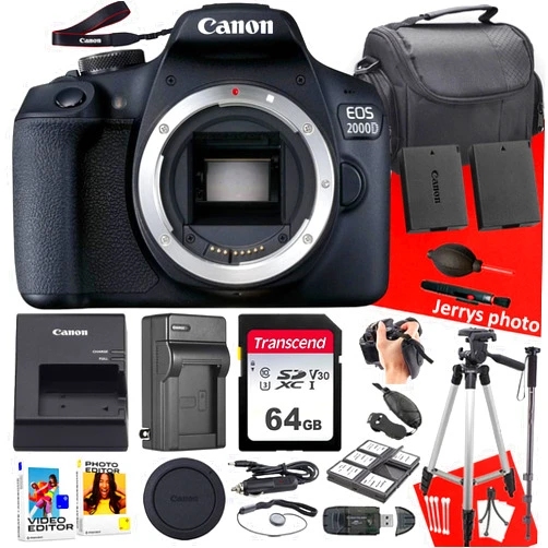 Canon EOS 2000D / Rebel T7 DSLR Camera (Body Only) + 64 GB Memory + Tripod + Monopod + Extra Battery + More (21pc Bundle), Black (Renewed)