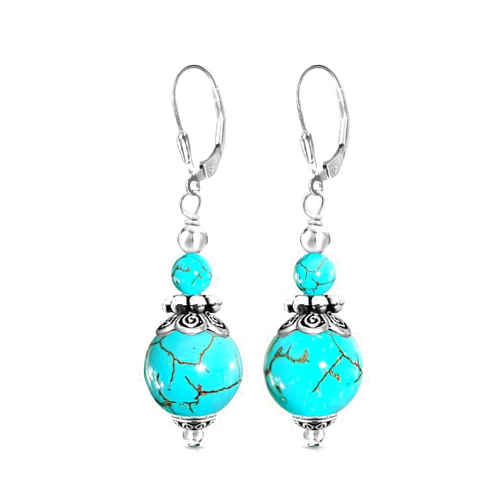 HQFJW Retro Natural Turquoise Stone Bead Drop Earrings,Antique Dainty Two-Stone Gemstone Dangle Earrings,Quartz Crystal Boho Beading Earrings Jewelry for Women (A15_Turquoise Stone)
