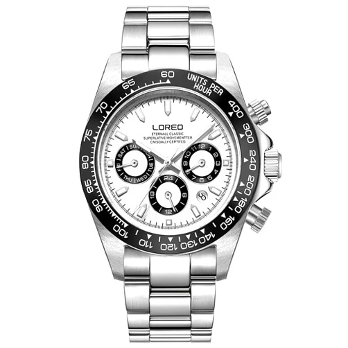 LOREO Mens Automatic Watch Silver Stainless Steel Sapphire Glass Ceramic Bezel Date Military Diving Waterproof Watch
