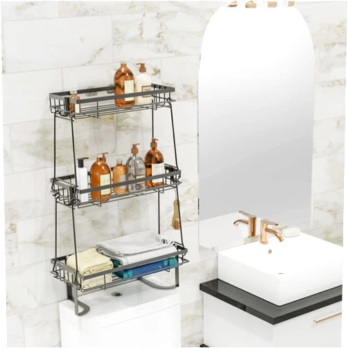 NiHome 3-Tier Metal Over-The-Toilet Bathroom Organizer with Hooks and Bottom Plates, Wall-Mounted Space-Saving Design, No-Drill Installation, Easy Assembly - Black