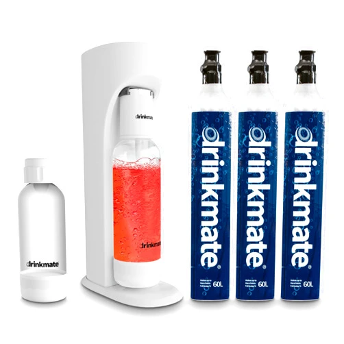 Drinkmate OmniFizz Sparkling Water Maker & Soda Streaming Machine | Carbonates Any Drink | ULTIMATE BUNDLE | Includes Three 60L CO2 Cartridges + Two BPA-Free Bottles (Classic White)