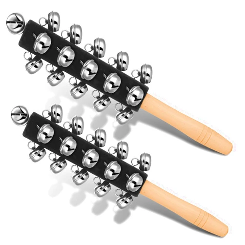 Kymqlyw 2 Pcs Christmas Hand Jingle Bells Wooden Handle Sleigh Bells Christmas Stick Jingle Bells Shaker Rattle Musical Percussion Handheld Bells Holiday Xmas Gifts (Black)