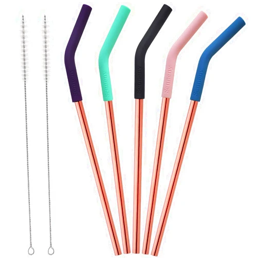 Senneny Set of 5 Stainless Steel Straws with Silicone Flex Tips Elbows Cover, 2 Cleaning Brushes and 1 Portable Bag Included (Rose Gold)- 8mm diameter