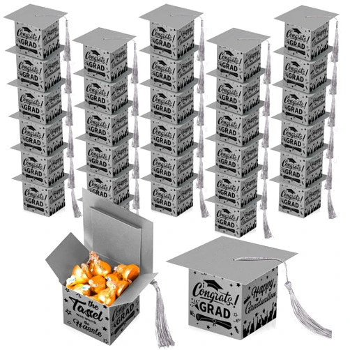 TaoBary 30 Pcs Graduation Cap Candy Box with Tassel Graduation Party Favors Graduation Gifts Graduation Decorations Grad Cap Box for Candy Chocolate Biscuit Supplies (Gray)
