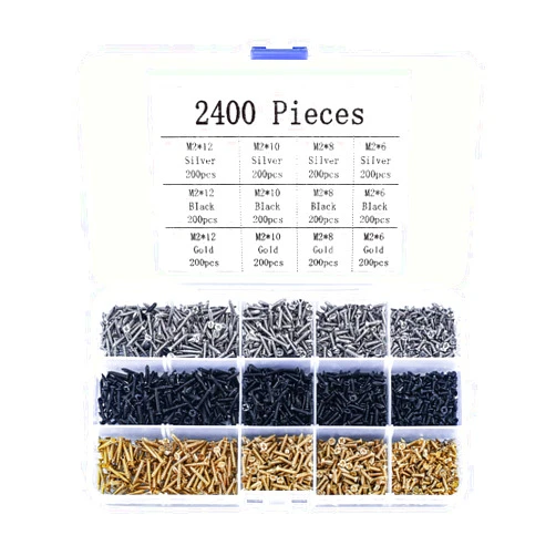 SYBDXJ 2400 Pcs M2 Small Screws Set, Flat Head Phillips Wood Screws, Tiny/Micro/Mini Self Tapping Cross Head Screws Assortment Kit for Electronic DIY Woodworking - Gold/Black/Silver