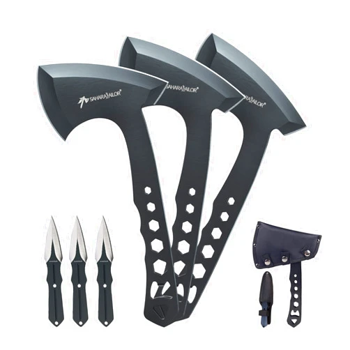 Sahara Sailor Throwing Axes, 3 Pack 10inch Throwing Axes and Tomahawks Set, with Bottle Openers, a Wrench and Nylon Sheath for Competiton and Recreation-Black