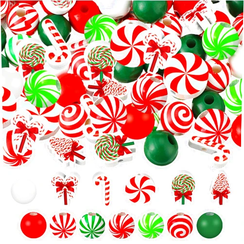 Qunclay 200 Pcs Christmas Wooden Beads Candy Cane Wood Beads Xmas Lollipop Candy Swirl Beads Red Green White 16 mm Round Craft Bead for DIY Garland Jewelry Making Party Home Holiday Tree Hanging (Candy)