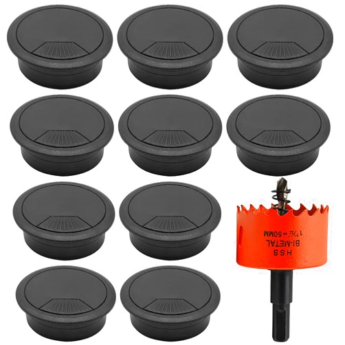 Winmoom 10PCS 2 Inch (50mm) Desk Grommets with Built-in Hole Saw, Desk Cable Hole Covers - Black, The Ideal Option for Office and Home Table Cables