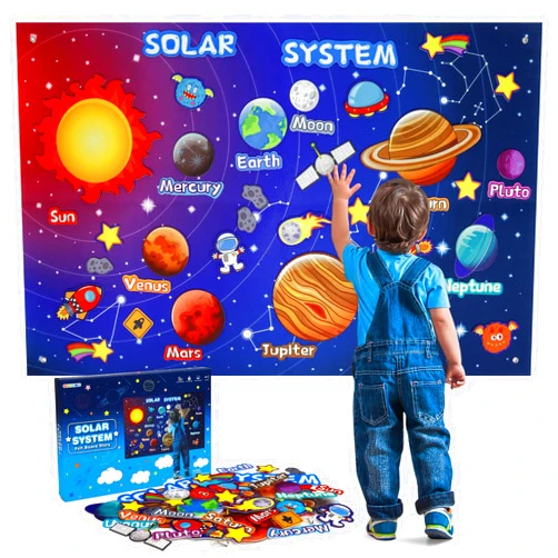 OKOOKO Solar System Felt Story Board Set 41PCS 43x29inch Outer Space Universe Storytelling with Hooks Astronaut Planets Galaxy Preschool Craft Early Learning Interactive Play Kit for Toddlers Kids