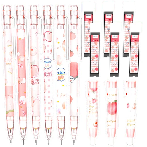 Sabary 15 Pcs Kawaii Mechanical Pencil Set Include Peach Mechanical Pencils with Tubes 0.5 mm Pen Refills and Cute Peach Erasers First Day of School Supplies Back to School Gift for Kids Student