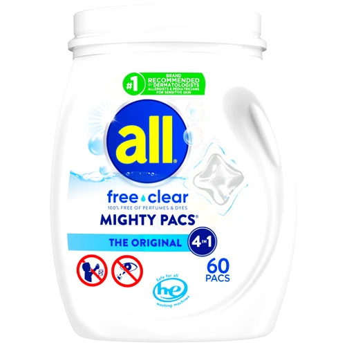 All Mighty Pacs Laundry Detergent, Free Clear for Sensitive Skin, Tub, 60 Count