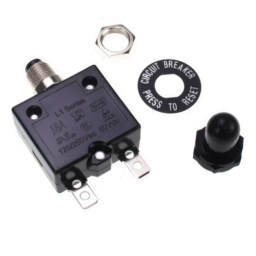 RKURCK 18A Manual Reset Thermal Circuit Breaker, 125-250V AC 50V DC, L1 Series, Push-Button, Black Cap, 18Amp, Widely Used in Household Appliances and Power Supplies