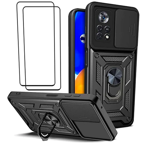 SHBDZGS Case for X4 Pro 5G with Slide Camera Cover and Tempered Glass Screen Protector [2Pack], Heavy Duty Protection Phone Case Cover with Ring Kickstand - Black