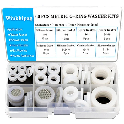 TWCC 60 PCS Water Hose Silicone Gasket Assortment Kit VMQ Silicone Washer Food Grade for Assorted Shower Head Garden Hose High Temperature Hot Plumbing Pipes Fittings Seal Repair