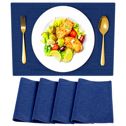 OSUASN Cloth Placemats, Set of 4 Heat-Resistant Cotton Linen Blend Double Layered Machine Washable Place Mats, Wrinkle Free Thick Fabric Dining Table Mats for Indoors & Outdoors (Navy Blue, 4)