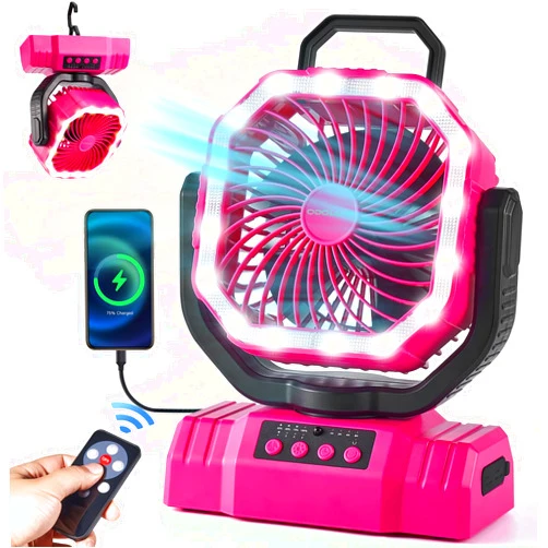 Odoland Portable Camping Fan with LED Lantern, 20000mAh Rechargeable Battery Powered Fan with Auto Oscillation, Timer, Remote, 360° Rotation Hook, 4 Speeds Tent Fan for Power Outage Travel Home, Pink