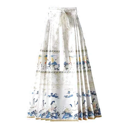 Luooli Women's Summer Horse Face Skirt Ethnic Print Long Swing Pleated Tie up A-Line Skirt