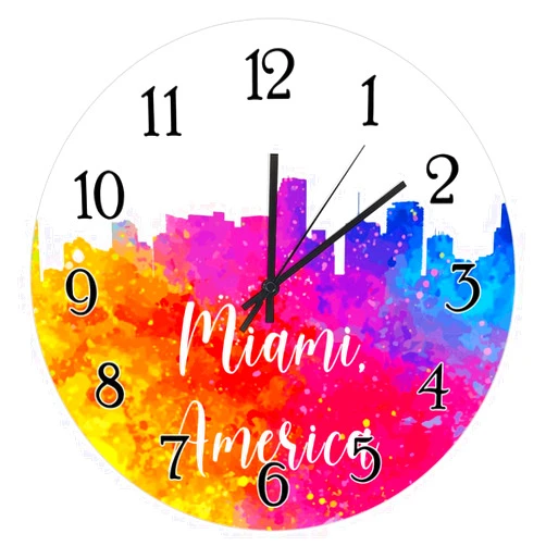 Generic America Miami Watercolor Art Hanging Wall Clock America Miami Colorful Cityscape Skyline Wood Clocks Battery Operated Clock Skyline in Watercolor Round Clock for Bedroom 10inch