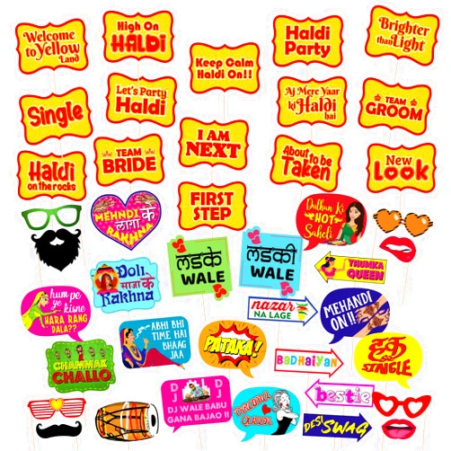 ZYOZIQUE Mehndi Photo Booth Props and Haldi Photo Booth Props for Photoshoot,Marriage Props for Wedding for Bride and Family,Bride to Be Props (Pack of 48)