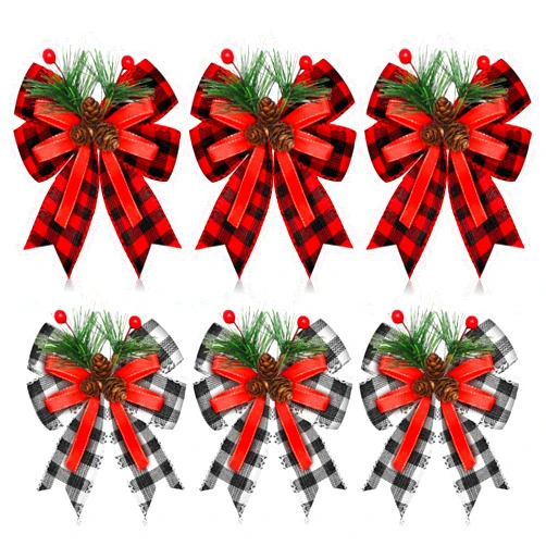 Syhood 6 Pcs Christmas Bows Buffalo Plaid Bow Checkered Ribbon Bow with Pine Cone Christmas Tree Decoration Bows for Christmas Parties Christmas Trees Indoor Crafts(Black and White, Black and Red)