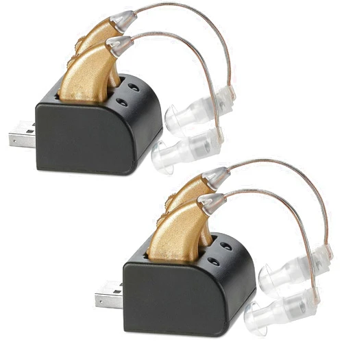 MEDca Digital Hearing Amplifiers - (2-Pairs) Rechargeable BTE Personal Sound Amplifier Pair with USB Dock - Premium Gold Behind The Ear Sound Amplification - MEDca