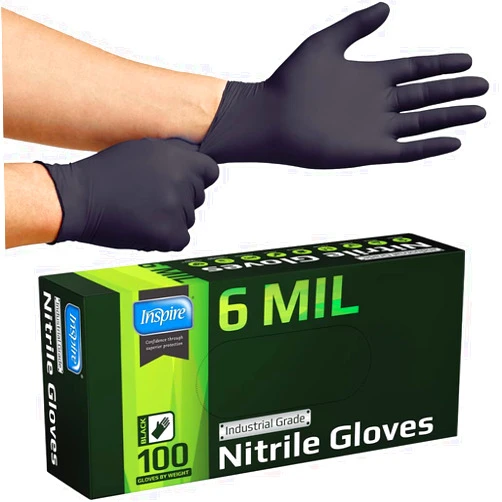 Inspire Black Nitrile Gloves HEAVY DUTY 6 Mil Nitrile Chemical Resistant Medical Cooking Cleaning Disposable Black Gloves