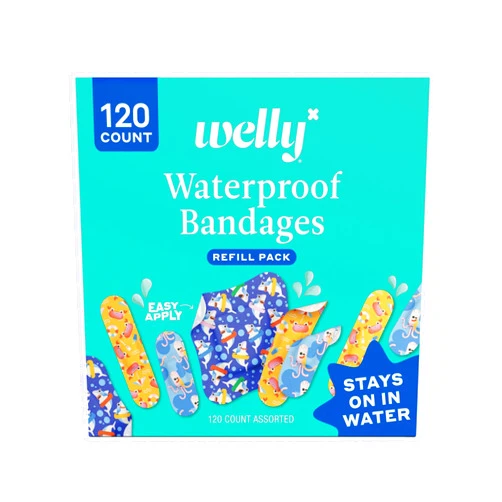 Welly Bandage Ocean Friends Refill Pack | Splashflex Adhesive Flexible Waterproof Bandages | Assorted Shapes and Patterns for Minor Cuts, Scrapes, and Wounds - 120 Count