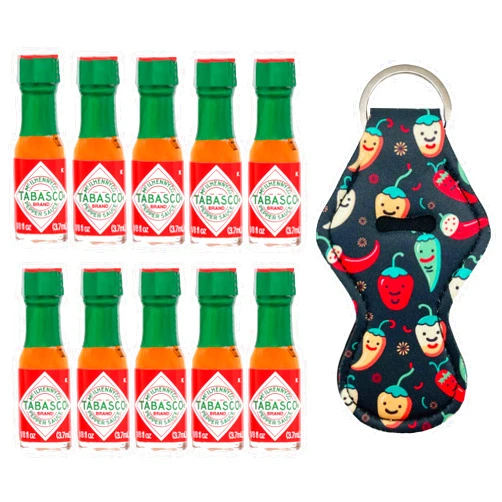 Primo Lines Original Tabasco Hot Sauce Bottles - 10 Pack Mini Hot Sauce Miniature Bottles with Red Chili Pepper Keychain Ring Holder - Great Portion Control for Hot Sauce Lovers - 3.7ml