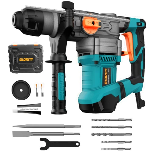 GLORITY 1-1/4 Inch SDS-Plus 13 Amp Heavy Duty Rotary Hammer Drill with Safety Clutch 4 Functions and Variable Speed, Including Chisels and Drill Bits