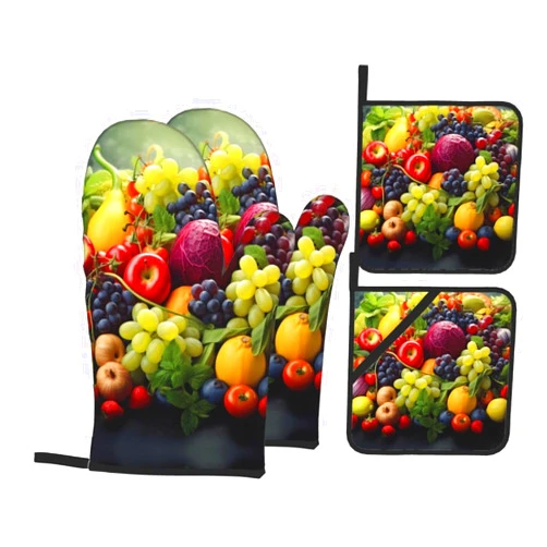 ESASAM Fresh Fruits and Vegetables Oven Mitts and Pot Holders 4 Pcs Set of Heat Resistant Oven Gloves (7.2