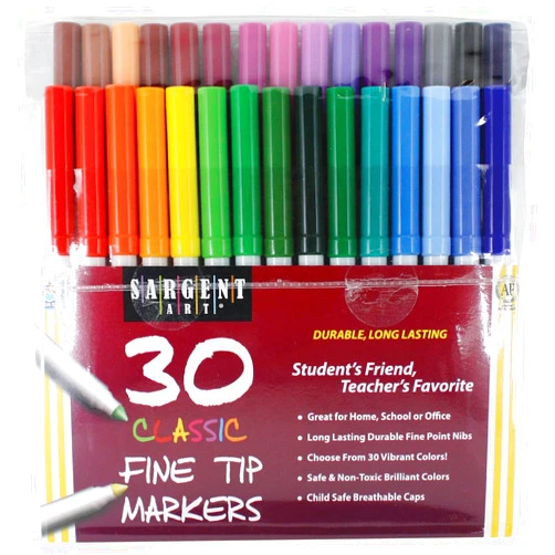 Sargent Art 22-1592 30 Count Classic Markers, Fine Conical Tip, Plastic Peggable Pouch