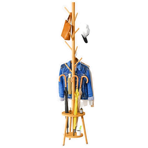 Vriccc Coat Rack, Bamboo Wood Coat Freestanding with Umbrella Holder, Adjustable Height Coat Stand with 8 Hooks, kids coat rack, Used In The Bedroom Living Room, Office To Hang Clothes, Hats, Bags (Natural)