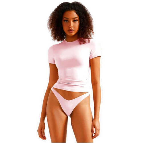 SUUKSESS Women Double Lined Fitted Basic Tee Crew Neck Short Sleeve Y2K Crop Top