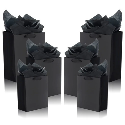 QIELSER 12 Pack Black Gift Bags with Ribbon Handles, Kraft Paper Gift Bags with Tissue Paper 3 Different Sizes in 8.5