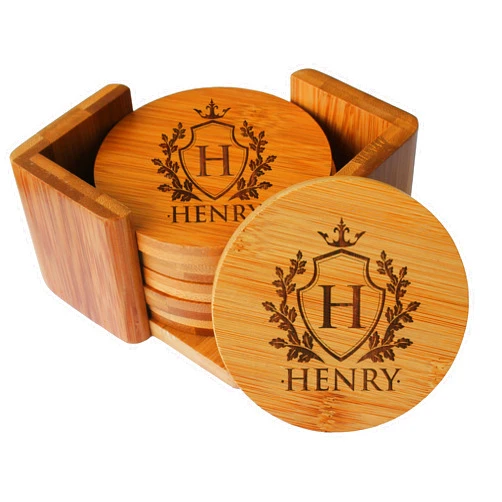My Personal Memories Personalized Coasters - Bamboo Coasters for Drinks with Holders - 7 Piece Set (Round)