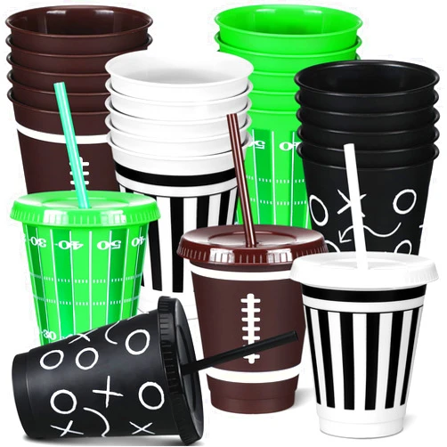 Havawish 24pcs Plastic Football Theme Cups 16 oz Reusable Plastic Cups with Lid and Straw Plastic Football Tumbler Football Party Favors Gifts for Football Birthday Decoration Themed Event