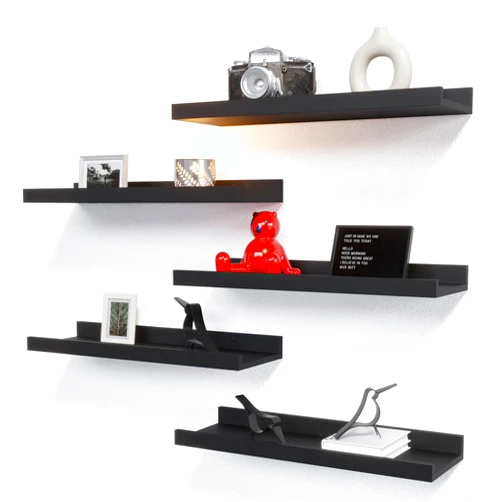 RICHER HOUSE 5 Set Floating Wall Mounted Shelves, Black Shelves for Wall Decor, Modern Picture Ledge Shelf with Lip for Storage, Nursery, Bedroom, Living Room, Bathroom - Black