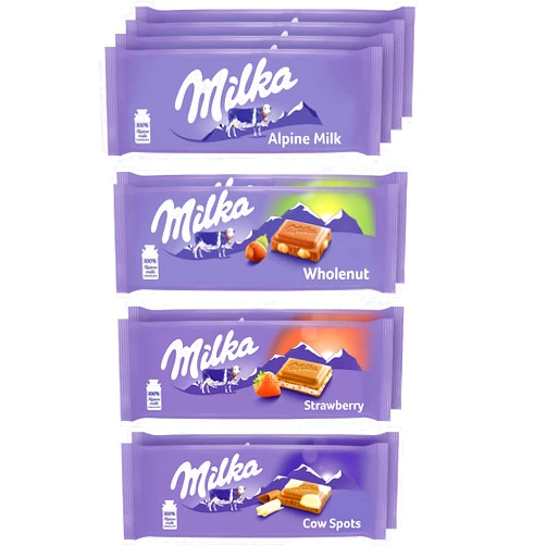 Milka European Chocolate Bars Variety Pack, Alpine Milk Chocolate, Cow Spots, Strawberry & Wholenut Hazelnut, 10 - 3.52 oz Bars