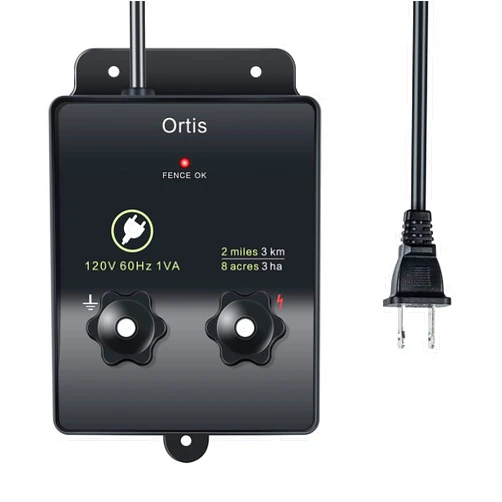 Ortis Electric Fence Energizer, Ortis 2-Mile/ 8 Acres Electric Fence Controller for Dogs, Livestock, Squirrels, Used for Gardens, Chicken Coops, 0.1 Joule