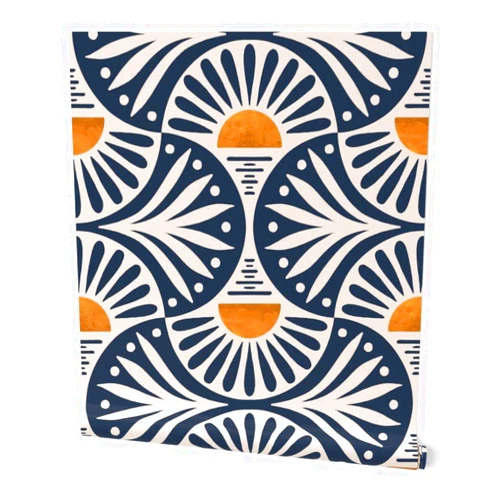 Spoonflower Peel & Stick Wallpaper Swatch - Art Deco Boho Sunset Leaves Gold Geometric Navy Sun Custom Removable Wallpaper by Spoonflower
