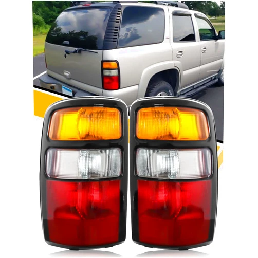 CLERYYE Tail Light Compatible with Chevy Suburban 1500 2500 Tahoe GMC Yukon XL Denali 2000-2006, Halogen Rear Lamp, W/O Bulb Harness, Black Border Amber+White+Red, Left and Right Side, Pair