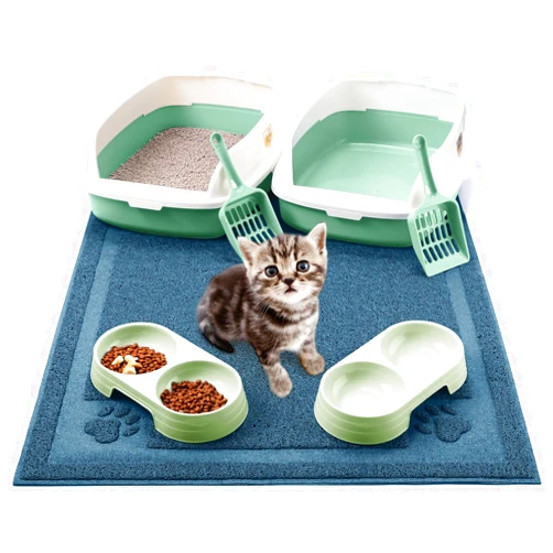 Sliner 7 Pcs Kitten Litter Box Starter Kit, 2 Plastic Small Kitty Litter Box Training Low Entry Cat Litter Box with Scoop, 2 Whisker Friendly Double Cat Bowl and Litter Mat for Kitten Indoor (Green)