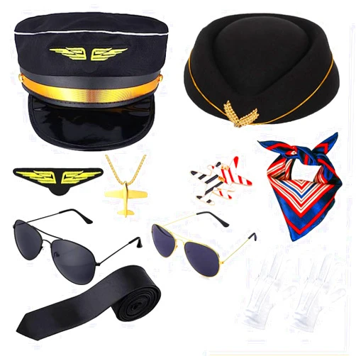 Mbpersist Airline Flight Attendant Pilot Hat Costume Accessory Set- Sunglasses Scarf Gloves Pin Tie for Halloween Cosplay