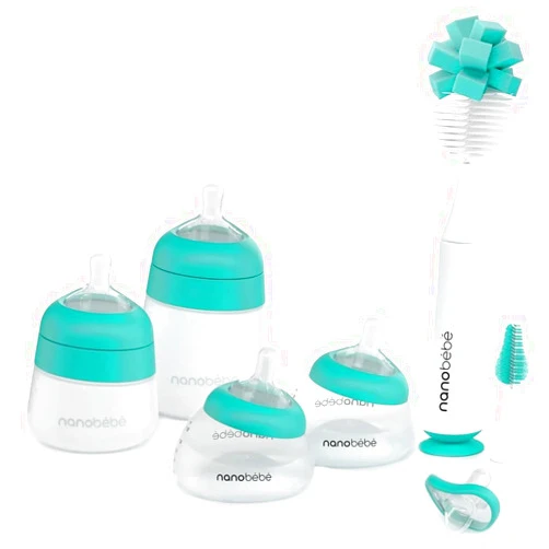 NANOBÉBÉ Nanobebe Baby Bottle Set Anti-Colic Baby Bottle Gift Set - Early Essentials Set with Baby Silicone Bottles, Breastmilk Bottles, Bottle Brush, Silicone Pacifiers - 5oz and 9oz - Teal