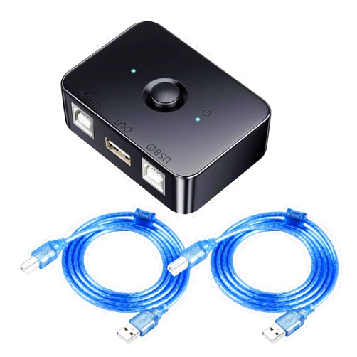 QIANRENON USB2.0 Printer Sharer Switcher 2 Port USB B Print Selector Switch Adapter, 2 Computer Share 1 Printer Manual Switcher, with LED Light, Including 2 * 1.5m Print Cable