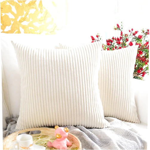 MERNETTE Pack of 2, Corduroy Soft Decorative Square Throw Pillow Cover Cushion Covers Pillowcase, Home Decor Decorations for Sofa Couch Bed Chair 18x18 Inch/45x45 cm (Striped Cream)